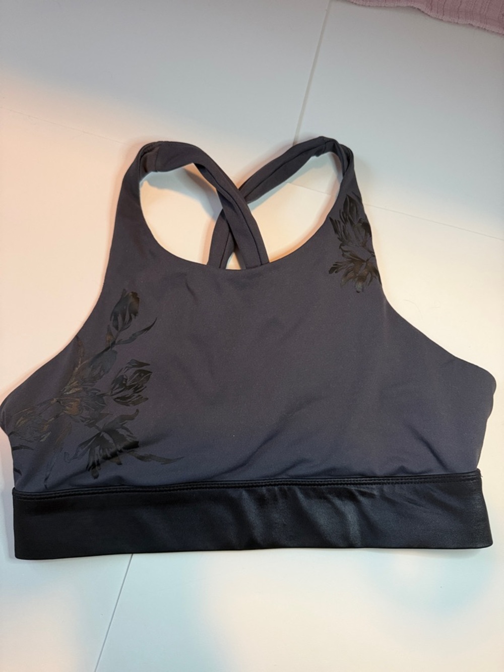 Fabletics Women's High Neck Crossback Sports Bra in Charcoal Gray